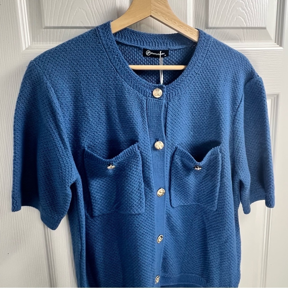 Blue Short Sleeve Knit Cardigan Sweater Women Med Gold Button Front Pockets NWT - Picture 12 of 13
